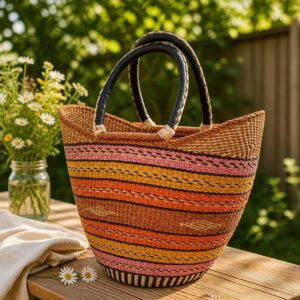Large Bolga Basket (Striped Orange, Pink, Yellow)