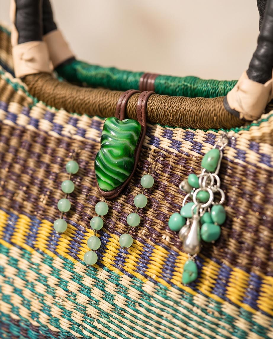 Handmade Bolga Basket Bag | Multicolour Woven Design | Beaded Charm Detail | Leather Handle | Artisan Statement Piece