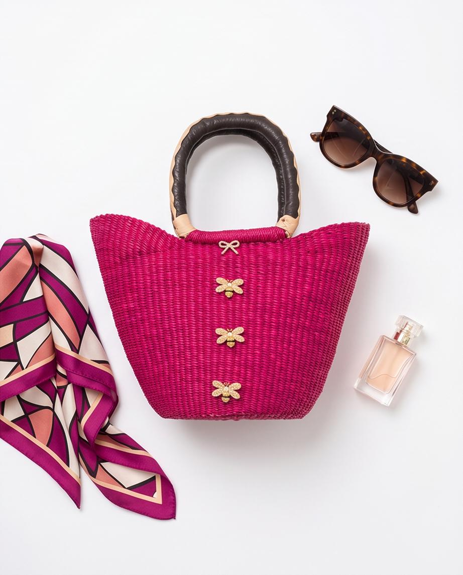 Bolga Basket – Limited Edition "Bees" (Pink with Crystal Bee Charms)