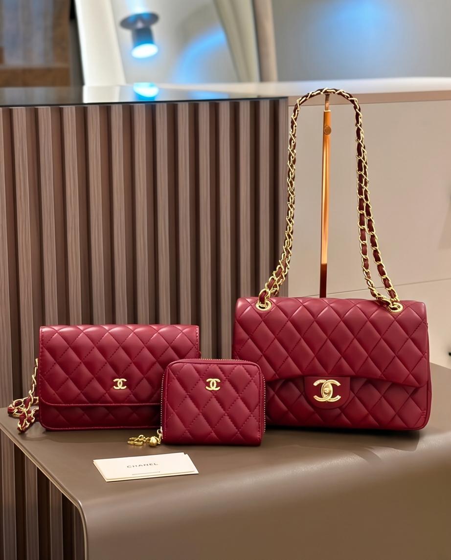 Pre-Loved Chanel Quilted Red Leather 3-Piece Set | Crossbody Bag, Wallet & Card Holder | Gold Hardware