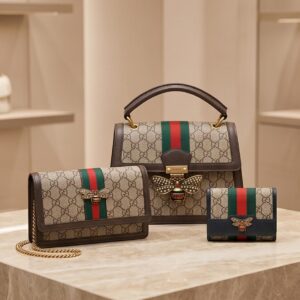 Pre-Owned Gucci GG Supreme Queen Margaret Bee Bag Set | Top Handle Bag, Wallet & Mini Card Case | Web Stripe