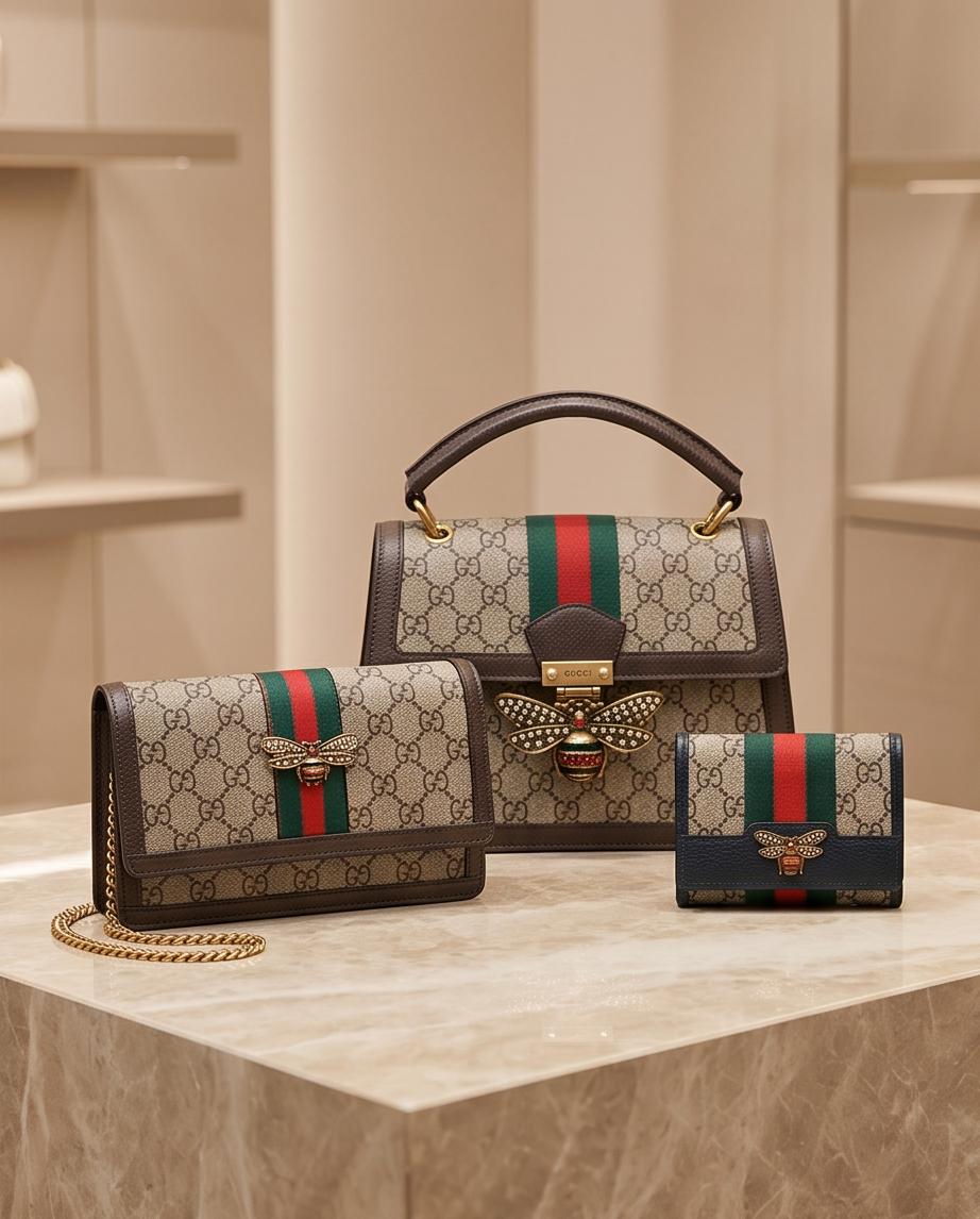 Pre-Owned Gucci GG Supreme Queen Margaret Bee Bag Set | Top Handle Bag, Wallet & Mini Card Case | Web Stripe Pre-Owned Gucci GG Supreme Queen Margaret Bee Bag Set | Top Handle Bag, Wallet & Mini Card Case | Web Stripe
