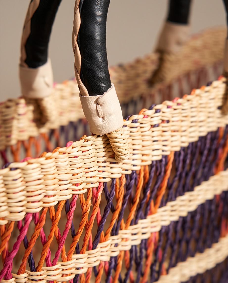 Medium Handmade Bolga Basket Bag | Woven Red, Orange & Purple Stripes | Leather Handle | Perfect Market Tote