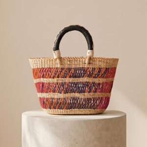 Medium Handmade Bolga Basket Bag | Woven Red, Orange & Purple Stripes | Leather Handle | Perfect Market Tote