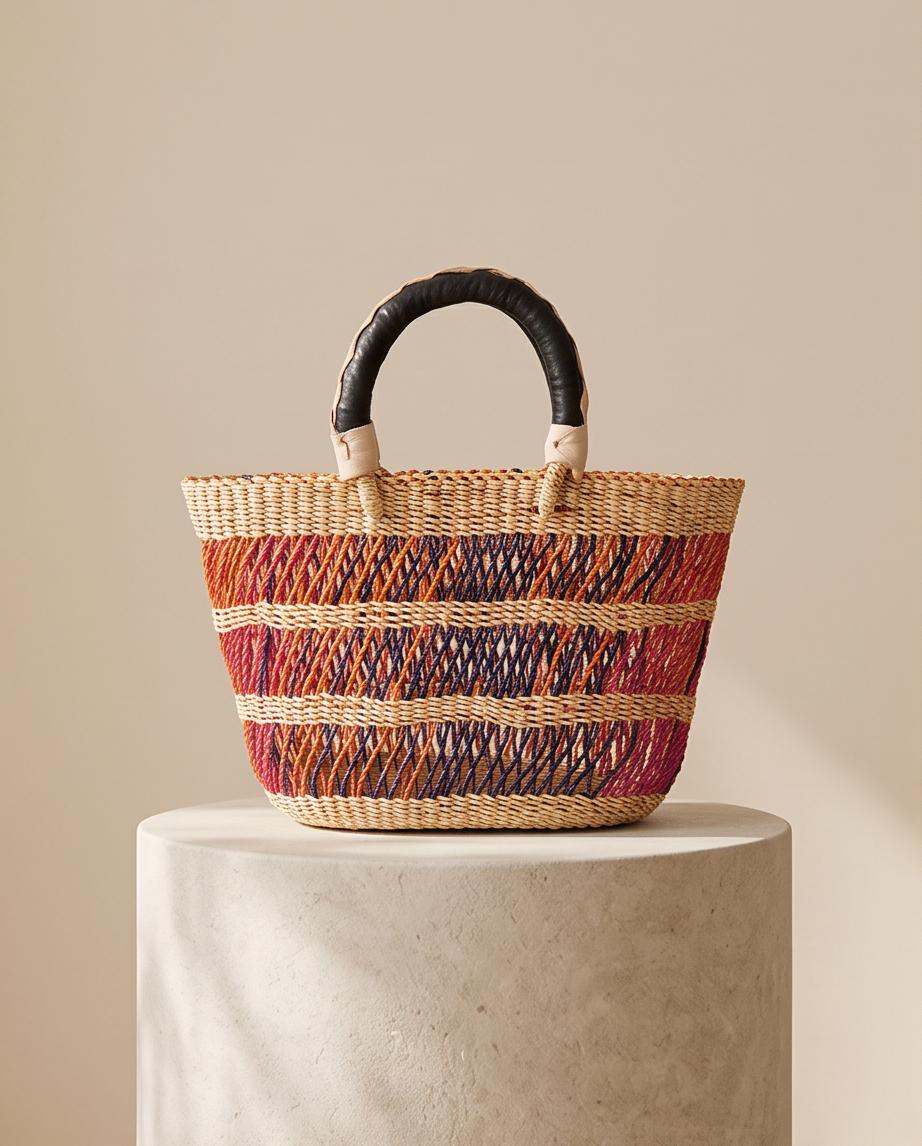 Medium Handmade Bolga Basket Bag | Woven Red, Orange & Purple Stripes | Leather Handle | Perfect Market Tote