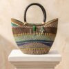 Handmade Bolga Basket Bag | Multicolour Woven Design | Beaded Charm Detail | Leather Handle | Artisan Statement Piece