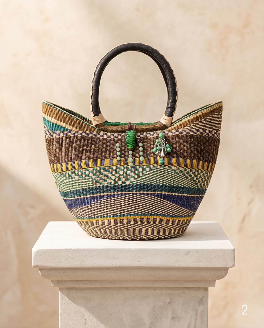Handmade Bolga Basket Bag | Multicolour Woven Design | Beaded Charm Detail | Leather Handle | Artisan Statement Piece
