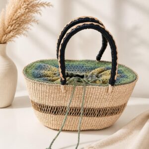 hand Bolga basket Handmade, with a crochet bag inside the basket.