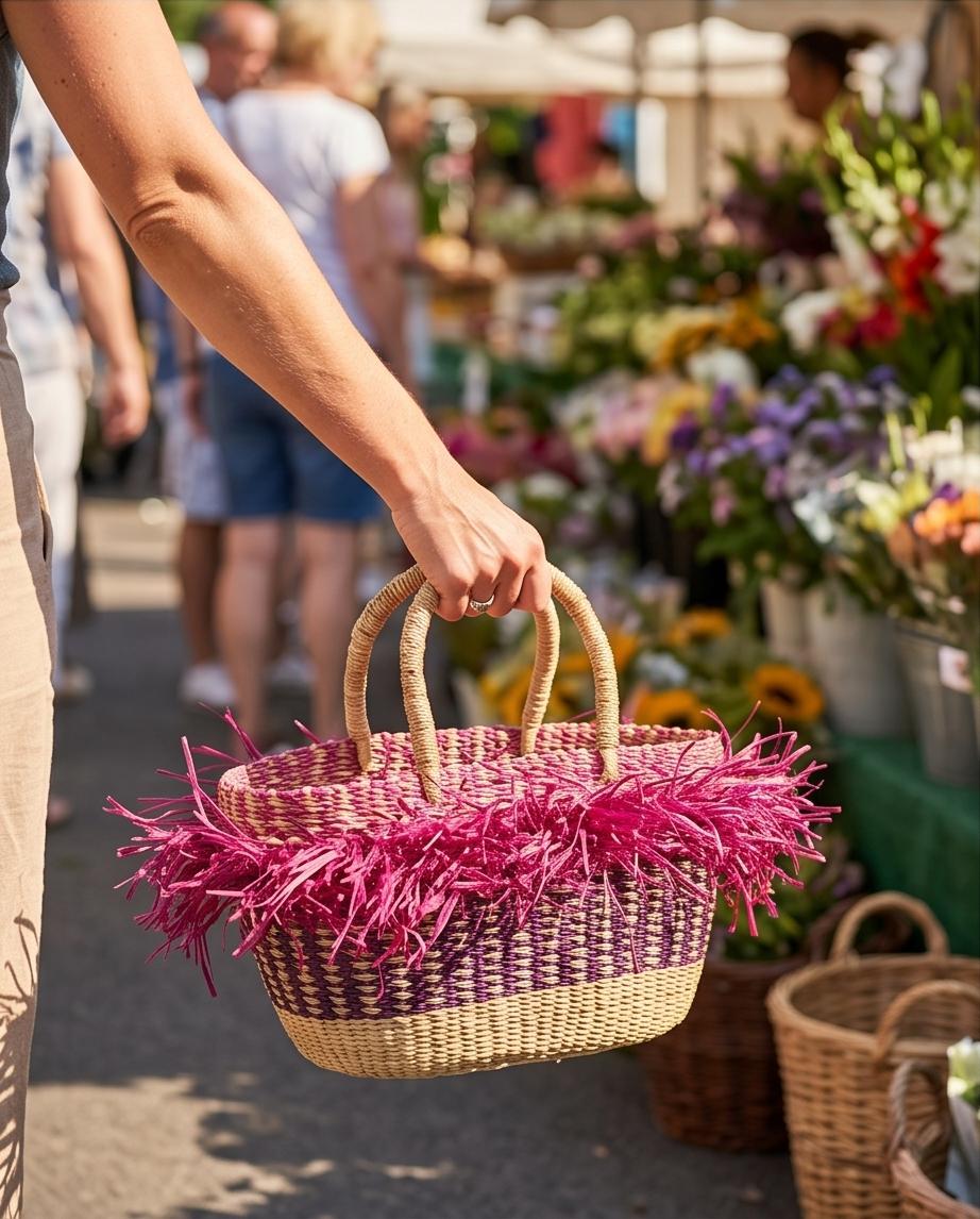 Small Bolga Basket (Fringed Pink & Purple)