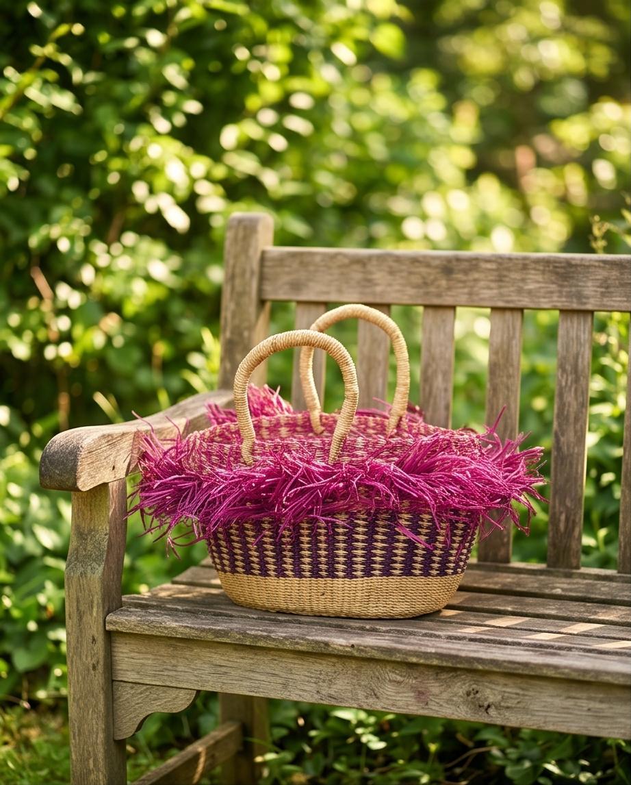 Small Bolga Basket (Fringed Pink & Purple)